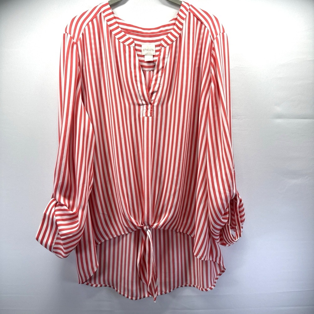 Chicos Women's Top Size Large Orange White Stripe Popover Tie Front Roll Tab Slv